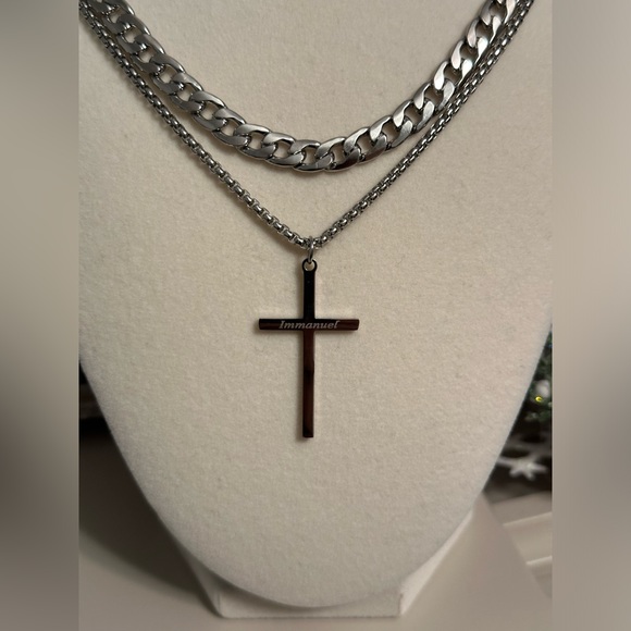 Stainless Steel Cross Necklace Men Women Unisex Religious Christian Layered New - Picture 5 of 10